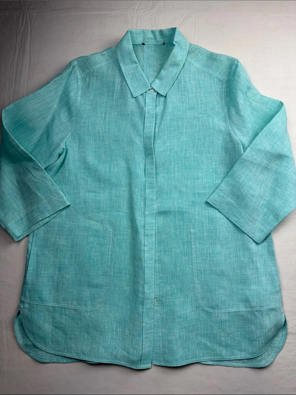 Lafayette 148 Aqua Linen Button-Down Shirt 3/4 Sleeves Side Pockets Size L - Picture 1 of 14